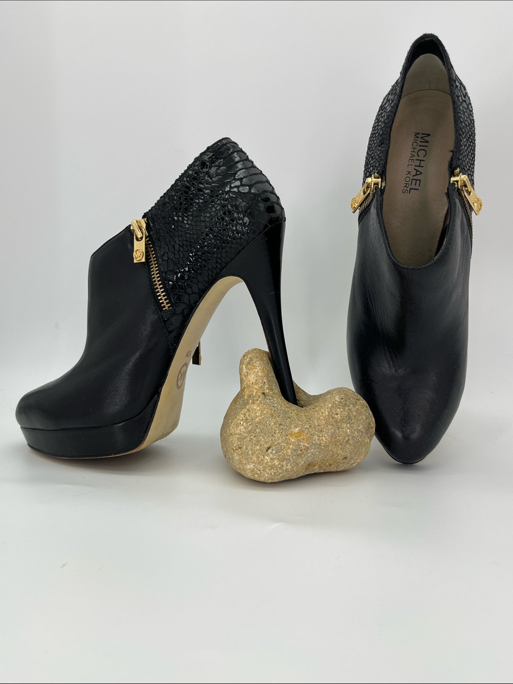 MICHAEL Michael Kors Black Leather Platform High Heel Booties with Gold Zippers